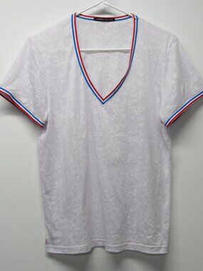 Andrew Christian Deep V Neck White Burnout Red Blue Trim Tee T Shirt sz M/L?